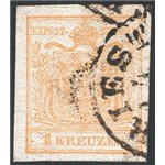 Austria - 1850/54 - Aquila bicipite 1 k. giallo, n° 1. Cat. € 240 (U)