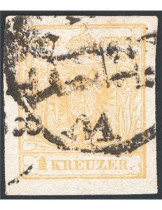 Austria - 1850/54 - Aquila bicipite 1 k. giallo su carta a macchina, n° 1/I. Cat. € 200 (U)