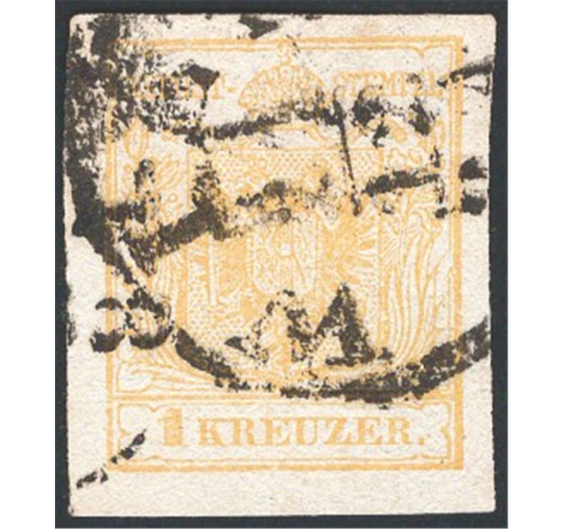 Austria - 1850/54 - Aquila bicipite 1 k. giallo su carta a macchina, n° 1/I. Cat. € 200 (U)