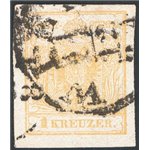 Austria - 1850/54 - Aquila bicipite 1 k. giallo su carta a macchina, n° 1/I. Cat. € 200 (U)