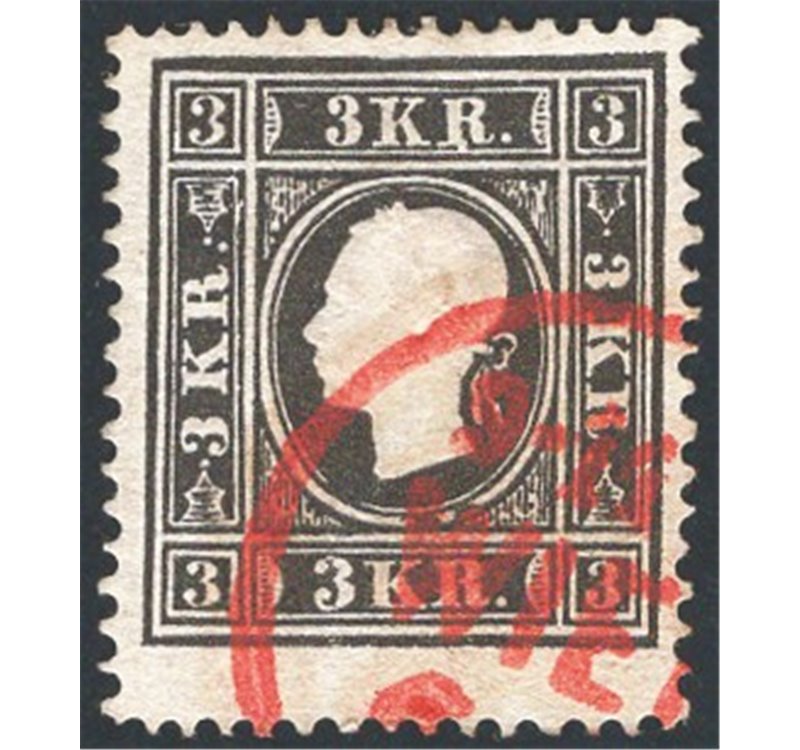 Austria - 1858 - Effigie di Francesco Giuseppe I rivolta a sinistra 3 k. nero, n° 7. Firm.: AD - Chia. Cert.: IC. Cat. € 460 (U)