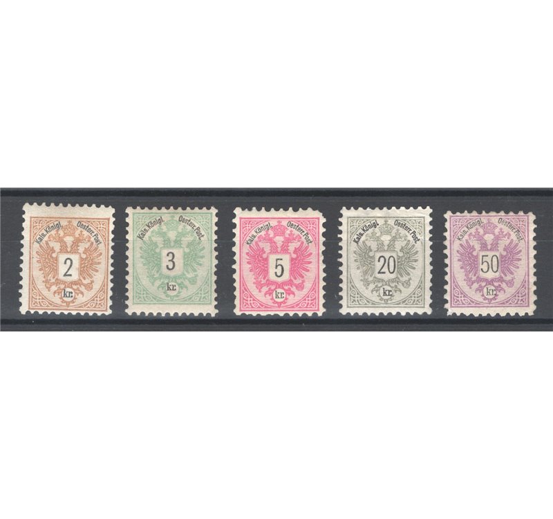 Austria - 1883 - Aquila bicipite dent. 9½-10, n° 40/42 + 44/45. Cert.: Biondi. Cat. € 2.100 (**)