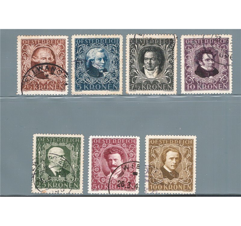Austria - 1922 - Compositori austriaci dent. 12½, serie n° 290A/296A. Cat. € 88 (U)