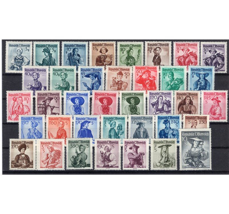 Austria - 1948/52 - Costumi regionali, due serie n° 738/54A + 801/807A. Cert.: IC. Cat. € 365 (**)