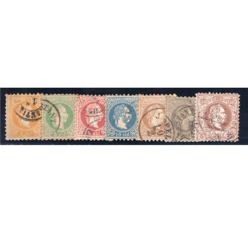 Austria - Levante - 1867 - Francesco Giuseppe I valori in soldi, serie n° 1/7. Cat. € 284 (U)