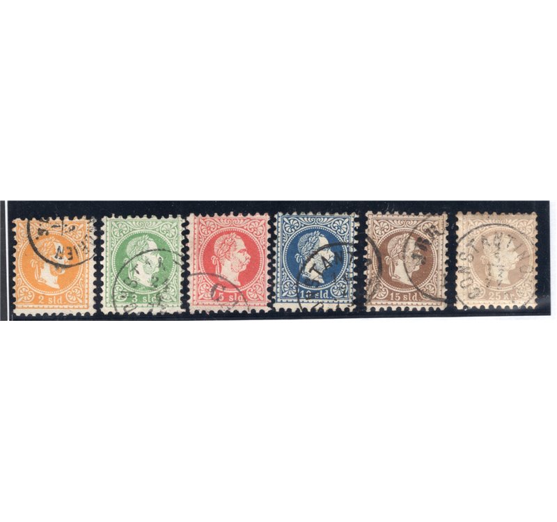 Austria - Levante - 1875 - Francesco Giuseppe I valori in soldi, serie con stampa fine ed annulli poco leggibili, n° 1I/6I. Cat.