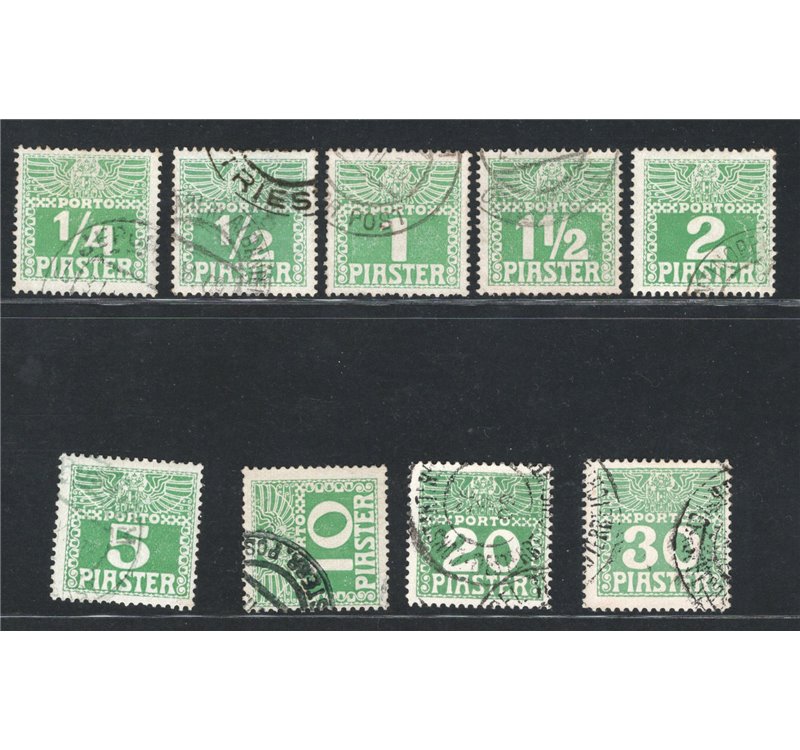 Austria - Levante - 1908 - Segnatasse d'Austria del 1908 con valori in piastre, serie n° 6A/14A su carta lucida. Cert.: IC. Cat.