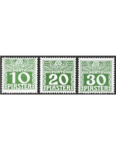 Austria - Levante - 1908 - Segnatasse d'Austria del 1908 verde scuro, gli ultimi tre valori della serie n° 12B/14B su carta spes