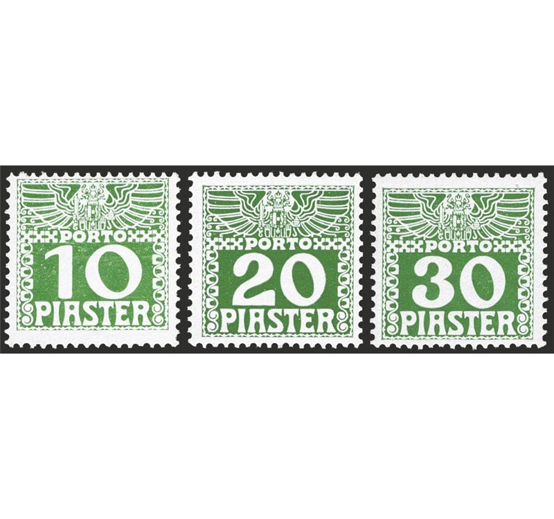 Austria - Levante - 1908 - Segnatasse d'Austria del 1908 verde scuro, gli ultimi tre valori della serie n° 12B/14B su carta spes