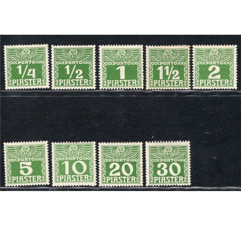 Austria - Levante - 1908 - Segnatasse d'Austria del 1908 con valori in piastre, serie n° 6C/14C su carta opaca sottile. Cert.: I