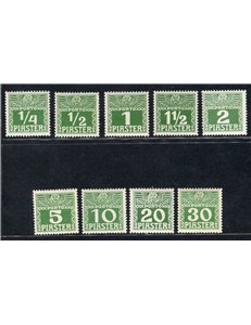 Austria - Levante - 1908 - Segnatasse d'Austria del 1908 con valori in piastre, serie n° 6D/14D su carta opaca spessa. Cert.: IC