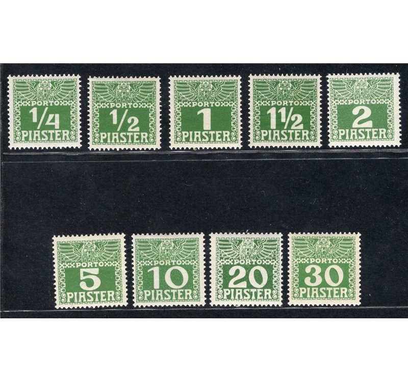 Austria - Levante - 1908 - Segnatasse d'Austria del 1908 con valori in piastre, serie n° 6D/14D su carta opaca spessa. Cert.: IC