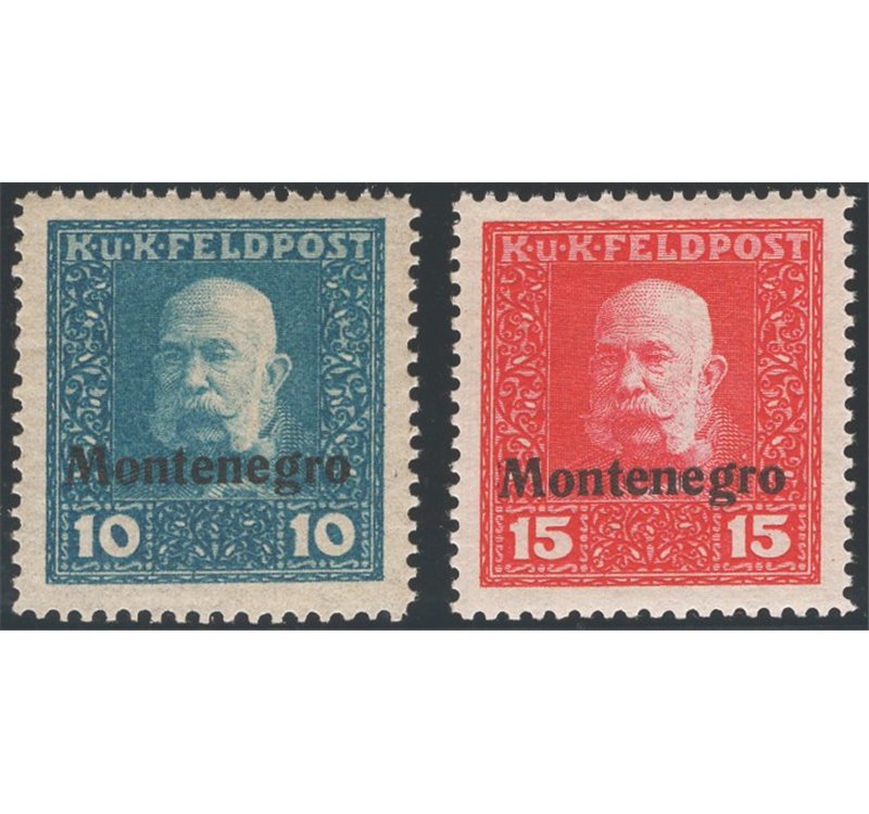 Austria - Occup. Austriache - Montenegro - 1918 - Effigie di Francesco Giuseppe I sovrast., serie n° 3/4. Cat. € 150 (**)