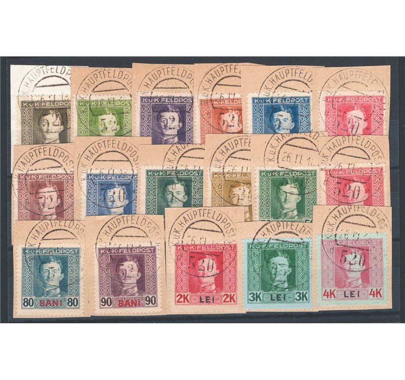 Austria - Occup. Austriache - Romania - 1917 - Carlo I con valori in bani e lei, serie n° 1/17. Cat. € 75 (U/Fr)