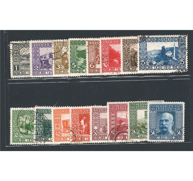Austria - Occup. Austriache - Bosnia Herzegovina - 1910 - 80° Genetliaco di Francesco Giuseppe I, serie n° 45/60. Cat. € 110 (U)