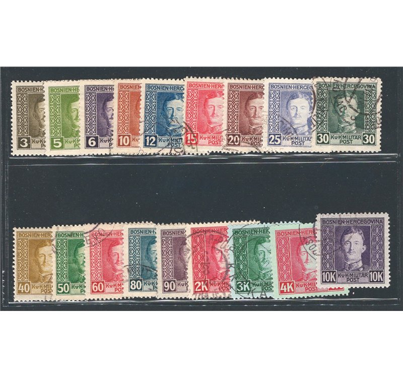 Austria - Occup. Austriache - Bosnia Herzegovina - 1916 - Effigie di Carlo I, serie n° 120/37. Cat. € 125 (U)
