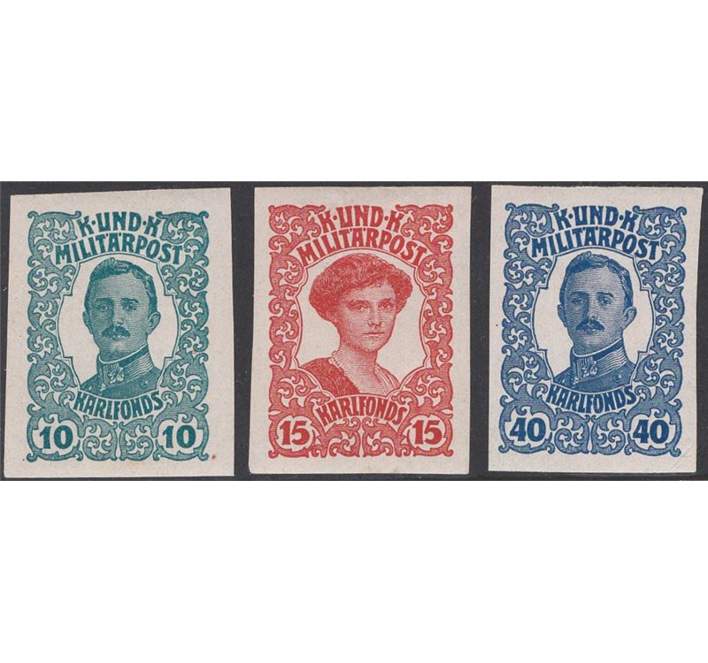 Austria - Occup. Austriache - Bosnia Herzegovina - 1918 - Effigie di Carlo I e Zita non dentellato, serie n° 138/40. Cat. € 180 