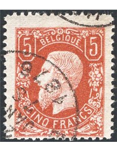 Belgio - 1870 - Re Leopoldo II 5 fr. bruno rosso, n° 37. Cert.: Apicella. Cat. € 2.150 (U)
