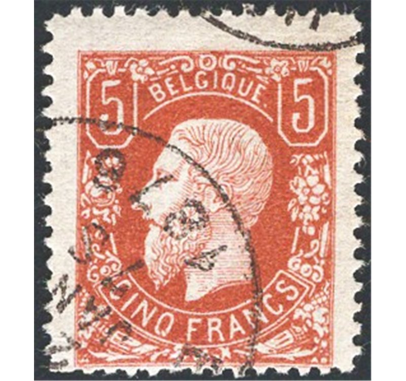 Belgio - 1870 - Re Leopoldo II 5 fr. bruno rosso, n° 37. Cert.: Apicella. Cat. € 2.150 (U)