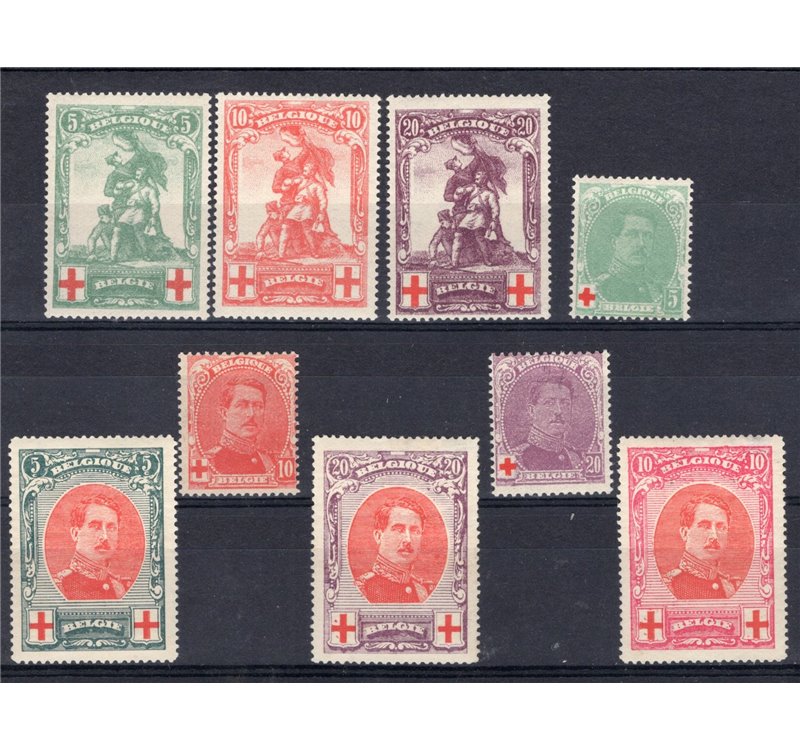Belgio - 1914/15 - Pro Croce Rossa, serie n° 126/34. Cert.: Biondi. Cat. € 600 (**)