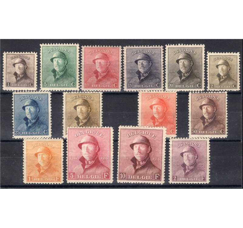 Belgio - 1919 - Alberto I, serie n° 165/78, mancano i due valori della II tiratura (cat. € 10). Cert.: Biondi. Cat. € 770 (*)