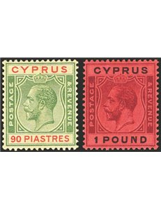 Cipro - 1924/28 - Giorgio V 90 p. verde e rosso su giallo + 1 £ violetto e nero su rosso, n° 103 - 105. Cert.: IC. Cat. € 1.000 
