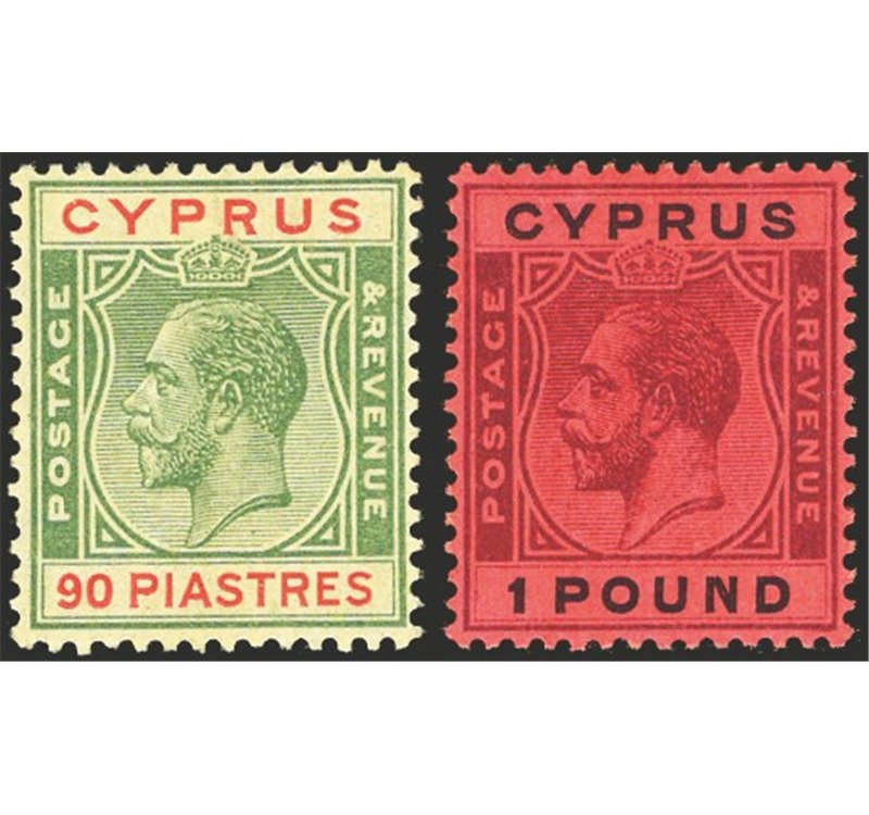 Cipro - 1924/28 - Giorgio V 90 p. verde e rosso su giallo + 1 £ violetto e nero su rosso, n° 103 - 105. Cert.: IC. Cat. € 1.000 