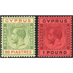 Cipro - 1924/28 - Giorgio V 90 p. verde e rosso su giallo + 1 £ violetto e nero su rosso, n° 103 - 105. Cert.: IC. Cat. € 1.000 