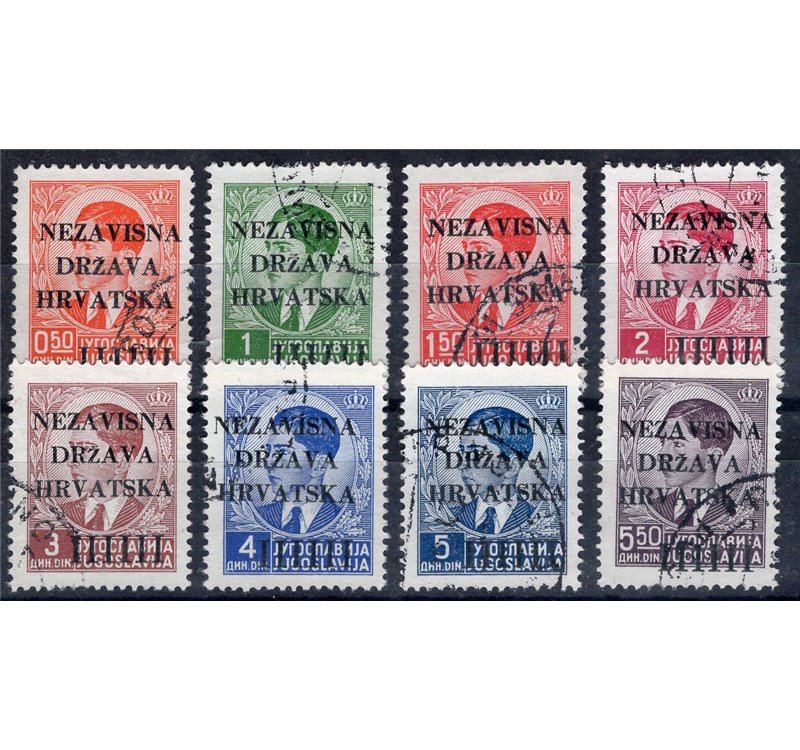 Croazia - 1941 - Francobolli di Jugoslavia Re Pietro soprast. "Nezavisna Drzava Hrvatska", serie n° 1/8. Cat. € 40 (U)