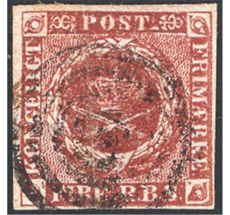 Danimarca - 1851/54 - Stemma 4 f. bruno cioccolato, n° 2. Cat. € 95 (U)