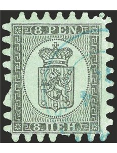 Finlandia - 1866/70 - Stemma 8 p. nero su verde con perforazione del 3° tipo, n° 6. Cert.: IC. Cat. € 300 (U)
