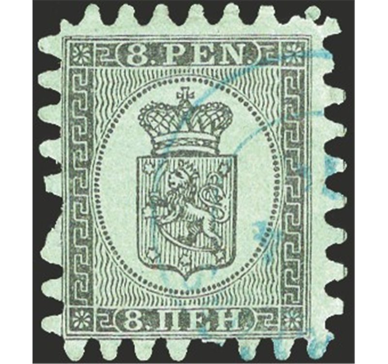 Finlandia - 1866/70 - Stemma 8 p. nero su verde con perforazione del 3° tipo, n° 6. Cert.: IC. Cat. € 300 (U)