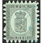 Finlandia - 1866/70 - Stemma 8 p. nero su verde con perforazione del 3° tipo, n° 6. Cert.: IC. Cat. € 300 (U)
