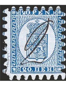 Finlandia - 1866/70 - Stemma 20 p. azzurro su celeste con perforazione del 1° tipo, n° 8. Cat. € 180 (U)
