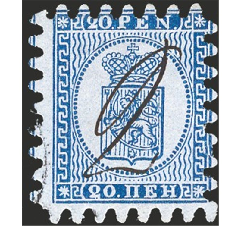 Finlandia - 1866/70 - Stemma 20 p. azzurro su celeste con perforazione del 1° tipo, n° 8. Cat. € 180 (U)