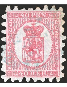 Finlandia - 1866/70 - Stemma 40 p. rosa su lilla chiaro con perforazione del 1° tipo, n° 9a. Cert.: IC. Cat. € 300 (U)