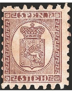 Finlandia - 1866/70 - Stemma 5 p. bruno lilla su grigio, carta vergata verticalmente, con perforazione del 1° tipo, n° 11a. Cert
