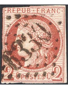 Francia - 1870 - “Siege de Paris” 2 c. cioccolato, un margine corto ed uno a filo, n° 40A. Cat. € 1.500 (U)