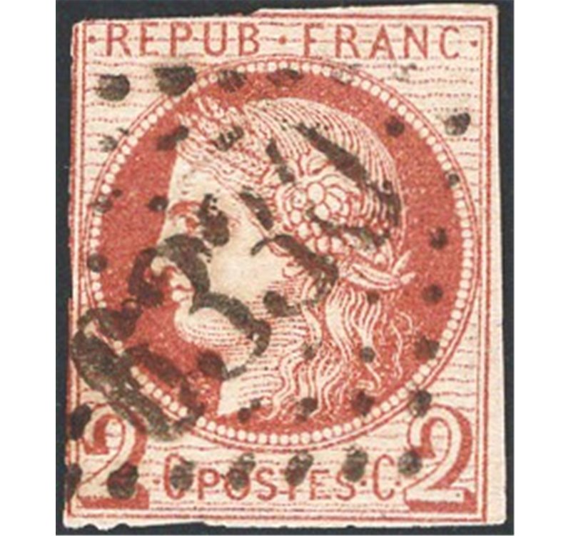Francia - 1870 - “Siege de Paris” 2 c. cioccolato, un margine corto ed uno a filo, n° 40A. Cat. € 1.500 (U)
