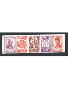 Francia - 1943 - Soccorso Nazionale in striscia di 5, n° 576/80. Cat. € 155 (**)