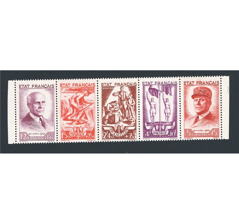 Francia - 1943 - Soccorso Nazionale in striscia di 5, n° 576/80. Cat. € 155 (**)