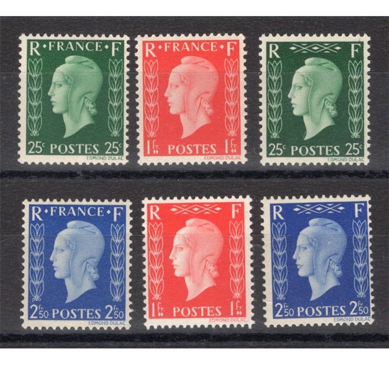 Francia - 1945 - Marianne de Dulac non emessa, serie n° 701A/F. Cert.: IC. Cat. € 960 (**)