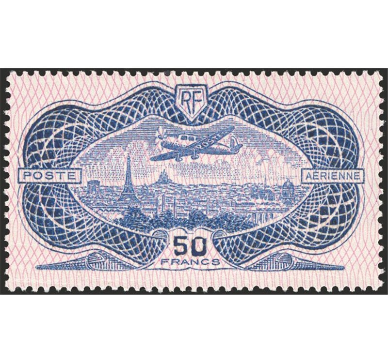 Francia - 1936 - P.A. Aereo su Parigi “Burelage” 50 fr. azzurro, n° 15. Cert.: Biondi. Cat. € 1.500 (**)