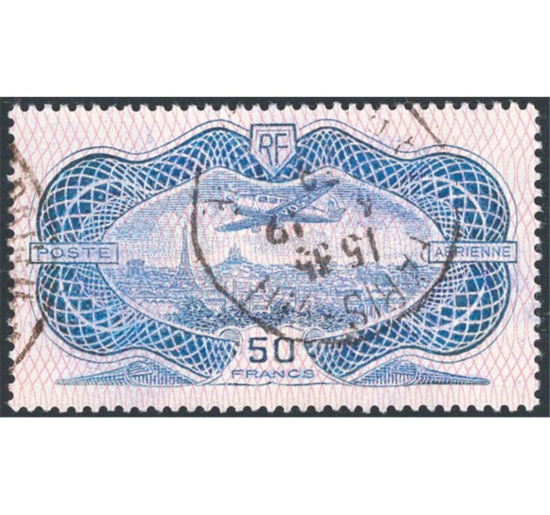 Francia - 1936 - P.A. Aereo su Parigi “Burelage” 50 fr. azzurro, n° 15. Firm.: AD - ED. Cert.: IC. Cat. € 400 (U)