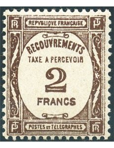 Francia - 1931 - Segnatasse cifra in ovale 2 fr. seppia, n° 62. Cert.: Biondi. Cat. € 335 (**)