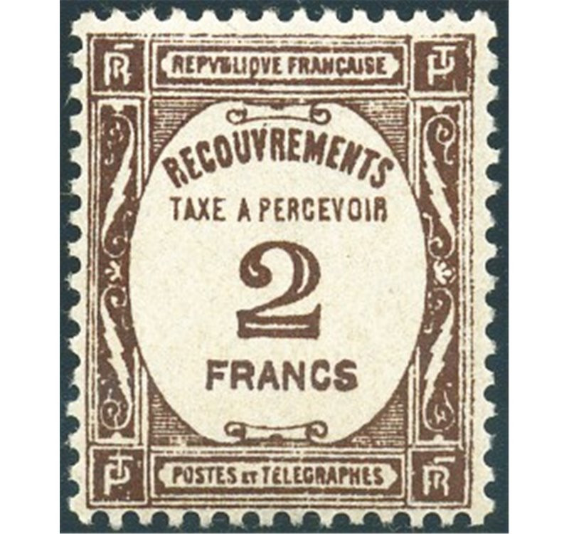 Francia - 1931 - Segnatasse cifra in ovale 2 fr. seppia, n° 62. Cert.: Biondi. Cat. € 335 (**)