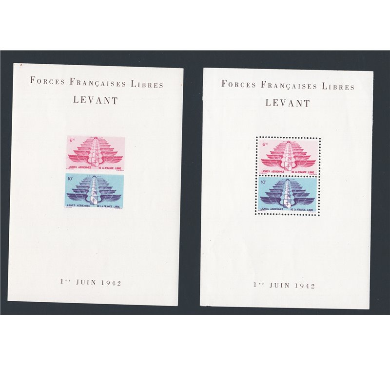 Francia - Levante Francese - Forze Francesi Libere - 1942 - BF Ali stilizzate, i due foglietti dent. e non, n° 1A/1B. Cat. € 78 