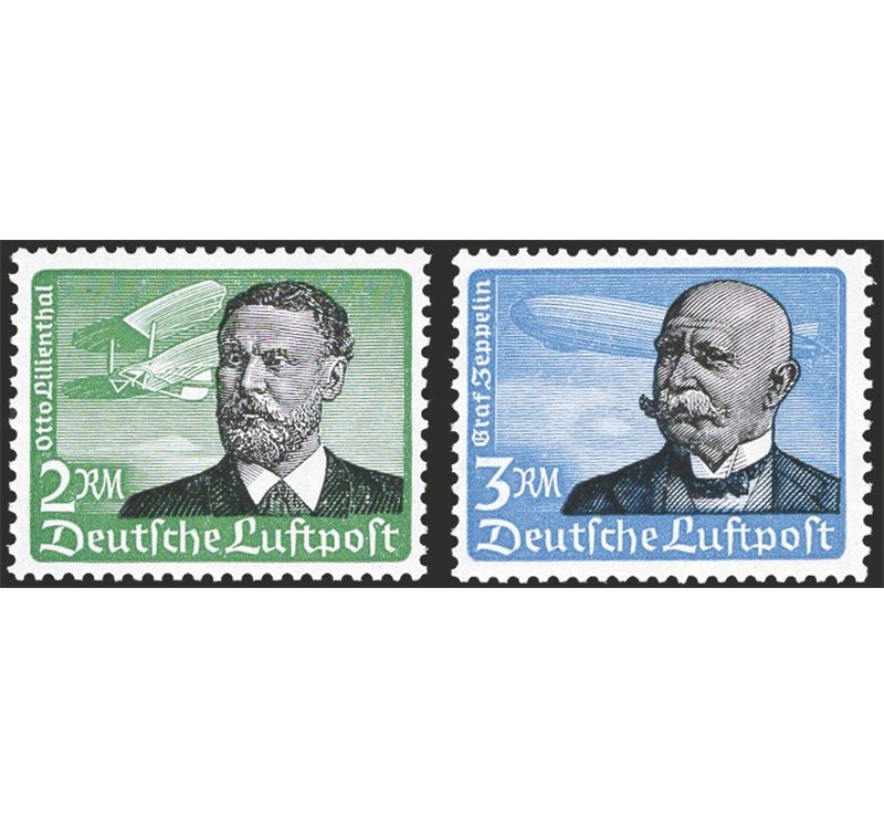 Germania Reich - 1934 - P.A. Aquila in volo ed effigie di Lilienthal e Von Zeppelin, serie n° A43/53. Cert.: IC. Cat. € 850 (**)