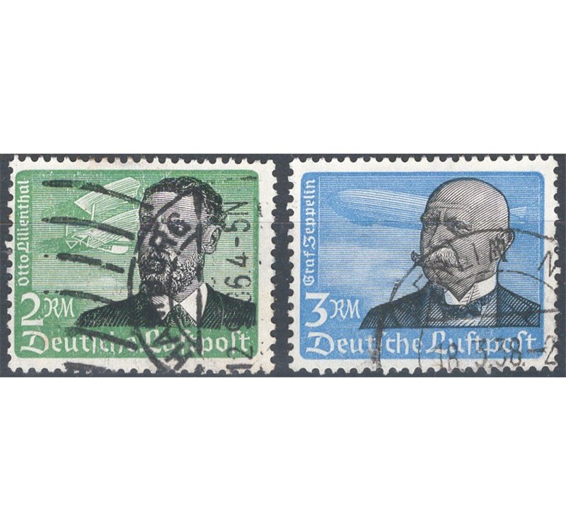 Germania Reich - 1939 - P.A. Pionieri dell'Aviazione 2 m. verde e nero e 3 m. blu e nero, n° 52/53. Cat. € 87 (U).