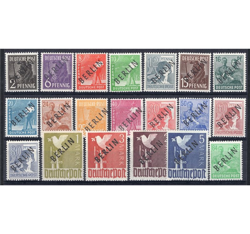 Germania Berlino - 1948 - Francobolli della zona AIS soprast. in nero, serie n° 1A/20A. Cert.: Biondi. Cat. € 500 (**)